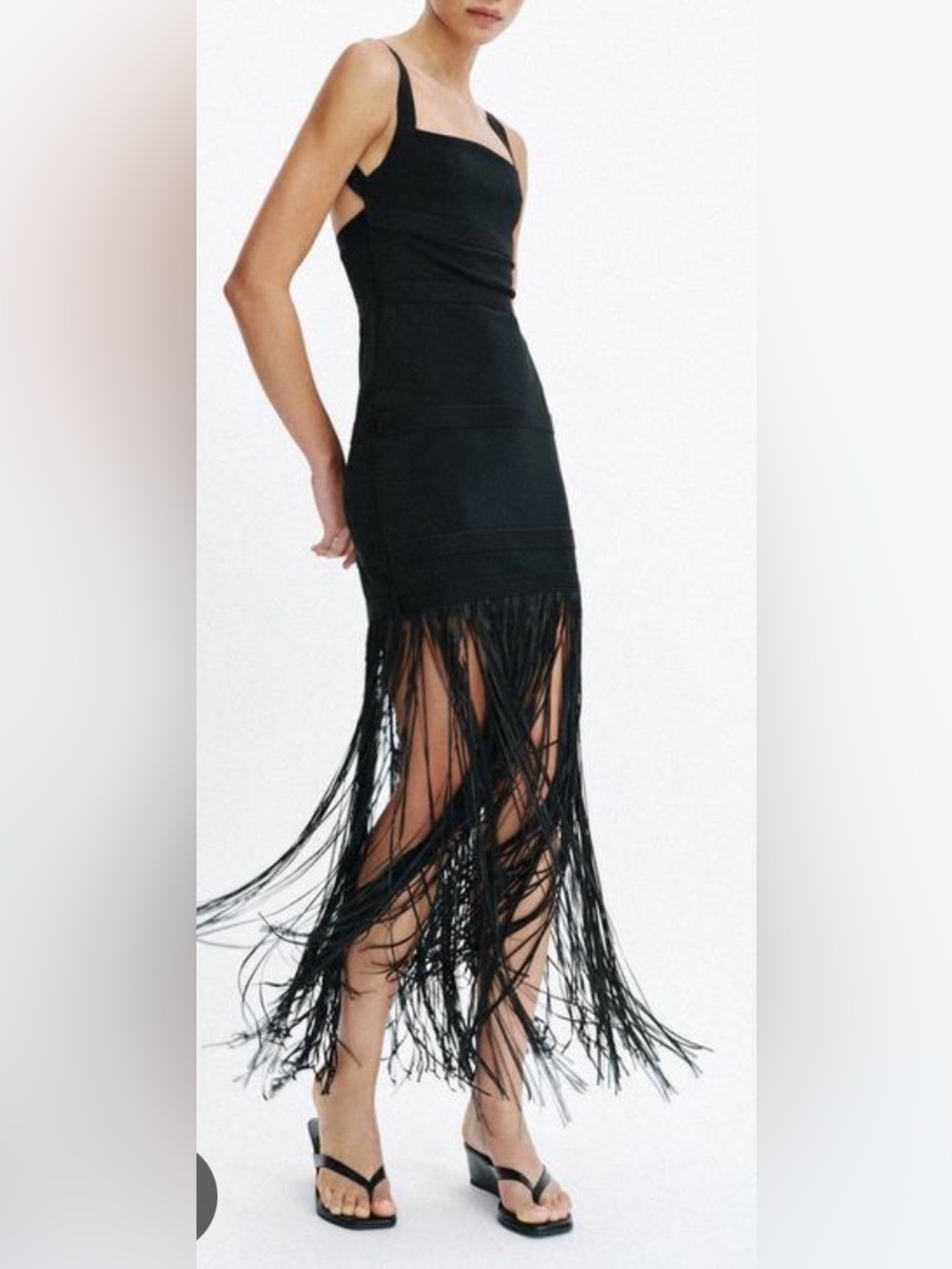 Zara Black Fringe Maxi Dress with thick Spaghetti Straps
